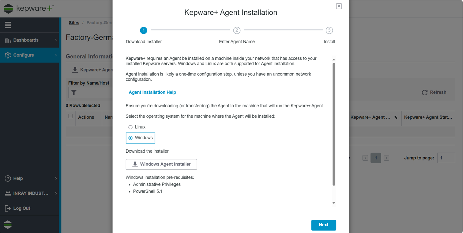 Kepware+ einrichten: Agent-Installation Schritt 2